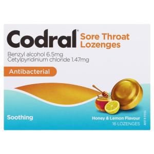 Codral Sore Throat Lozenges Antibacterial Honey & Lemon 16 Pack