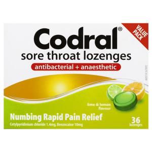 Codral Sore Throat Lozenges Antibacterial + Anaesthetic Lime 36